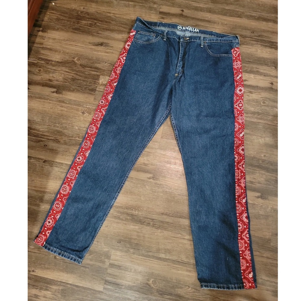 Magellan Outdoors Mens Jeans 42x34 Custom Bandana Stripe Cow Print Pockets Blue
